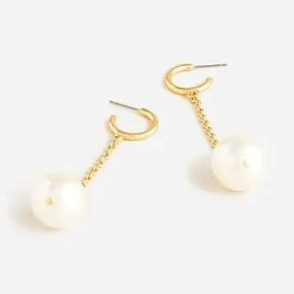 J. Crew Large Pearl and Chain Drop Gold Tone Earrings NWT